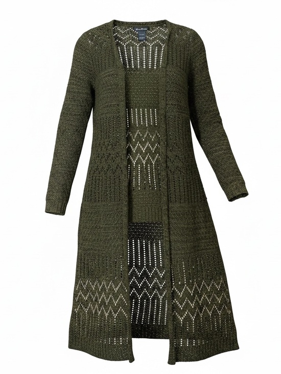 Love Always Sweaters - Love Always Long Open-Knit Cardigan Sweater - Olive Green. Size M